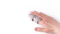 Plastic splint on broken finger injuries on an index finger, right hand banner Royalty Free Stock Photo