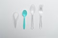 Plastic spoon and fork for eating food waste and pollution garbage for environment on white background Royalty Free Stock Photo