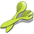 Plastic spoon and fork green color isolated on white background. Vector cartoon close-up illustration. Royalty Free Stock Photo