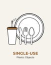 Plastic spoon, fork, knife, stirrer, straw, plate, cup. Single-use white plastic cutlery illustration set. Food plastic