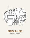 Plastic spoon, fork, knife, stirrer, straws, plates, cup. Single-use white plastic cutlery illustration set. Food plastic