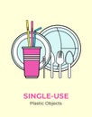 Plastic spoon, fork, knife, stirrer, straws, plates, cup. Single-use white plastic cutlery vector illustration set.