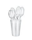 Plastic spoons in plastic cups stack white background isolated closeup, transparent plastic drinking glass for water, coffee, tea