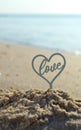 Plastic stick in shape of heart and word Love in sand on beach seashore