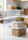 Plastic storage containers in a kitchen hold various dry foods. The stack includes Royalty Free Stock Photo