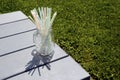 Colored plastic straws in glass jar Royalty Free Stock Photo