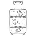 Plastic suitcase with wheels in hand drawn doodle style. Traveler luggage. Vector illustration isolated on white background