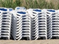 One Plastic sunbeds stacked on the beach. Bulgaria Royalty Free Stock Photo