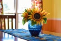 plastic sunflower centerpiece in a blue plastic vase on dining table Royalty Free Stock Photo