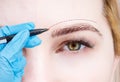 Plastic surgeon drawing dashed line under eye of girl. Hand in blue glove holding pencil. Plastic surgery, beauty