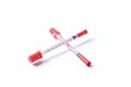 Plastic syringes on white background, copy space for text, top view