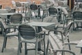 Plastic tables with chairs in a restaurant