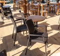 Plastic tables with chairs in a restaurant