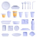 Plastic tableware icons set, cartoon style Royalty Free Stock Photo