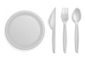 Plastic tableware. Realistic disposable serving kitchen utensil. 3D plate and cutlery. Empty bowl. Top view of spoon