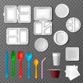 Plastic tableware vector picnic disposable cutlery spoon fork plate takeaway food containers and drinks in cup