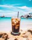 Plastic take away glass with iced coffee against background of landscape with blue sea, refreshing summer drink with ice Royalty Free Stock Photo