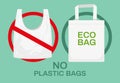 Plastic or textile bags. Plastics rubbish, polythene shopping bags and recycle ecological cloth handbag. Ecology vector