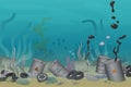 Plastic, tires and poisonous barrel pollution illustration trash under the sea vector illustration. Sea and ocean Royalty Free Stock Photo