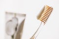 Plastic toothbrush closeup, toothpaste on white blurred background