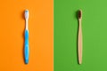 Plastic Toothbrush vs Eco-Friendly Bamboo Toothbrush. Comparison concept. No plastic, Zero Waste, Sustainable Lifestyle. Choice