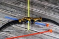 A plastic toy of a bow and arrows, Archery, The bow and arrow is a ranged weapon system consisting of an elastic launching device Royalty Free Stock Photo