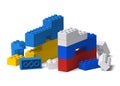 Plastic toy building block wall with Ukrainian and Russian flag colors broken
