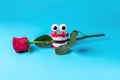 Plastic toy teeth with rose flower on blue background. Abstract minimal composition