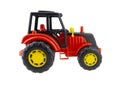 Plastic tractor toy. Side view.