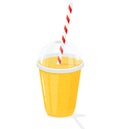 Plastic transparent cups for smoothie with striped pipe. Fresh lemonade, orange juice or smoothie in a plastic cup, vector flat Royalty Free Stock Photo