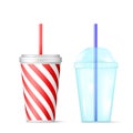 Plastic transparent disposable cup with blue straw for cocktail and red disposable container for ice drink. Vector illustration Royalty Free Stock Photo