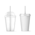 Plastic transparent disposable cup with straw for cocktail and disposable container for ice drink. Vector illustration isolated Royalty Free Stock Photo