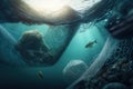 Plastic trash underwater polluting ecosystems. Sea, ocean and rivers polluted with plastic. Concept AI generative illustration