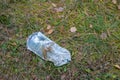 Plastic trash in the forest. Tucked nature. Plastic container lying in the grass. Royalty Free Stock Photo