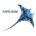 Plastic trash planet pollution concept vector illustration. Sea Stingray marine mammal outline filled with plastic waste 3d icon.