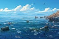 Plastic trash in the sea. Environmental pollution concept. 3D rendering, Pile of garbage and waste in the sea. Pollution of