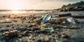 Plastic trash on the sea sandy white beach, panoramic image.