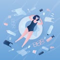 Plastic trash and various garbage in sea water. Woman floats on an rubber ring in dirty water Royalty Free Stock Photo