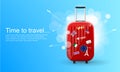 Plastic travel bag with different travel souvenirs. Time to travel. Traveling banner template. Vector Illustration