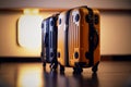 Plastic Travel Suitcases, airport blurred background, Illustration Generative AI