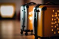 Plastic Travel Suitcases, airport blurred background, Illustration Generative AI