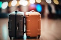 Plastic Travel Suitcases, airport blurred background, Illustration Generative AI