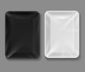 Plastic tray. Food package with transparent wrap, black and white empty containers for vegetables, meat. Vacuum boxes 3d