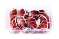 Plastic tray with half-finished meat product Royalty Free Stock Photo
