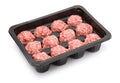 Plastic tray with raw beef meatballs