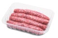 Plastic tray with spiced pork sausages isolated