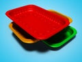 Plastic trays of different colors 3d render on gray background with shadow