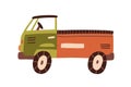 Plastic truck toy with cabin, bed, and wheels. Side view of childish lorry. Industrial car for shipment. Colored flat