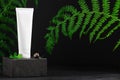 Plastic unbranded tube on showcase. Flacon for cream. Forest leaves on backdrop. Container for professional cosmetics. Eco-