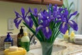 a plastic vase of purple plastic irises on a bathroom vanity next to hand soaps